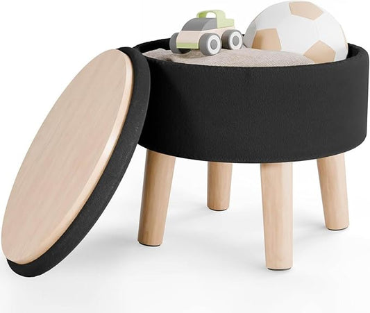 Poofzy Small Ottoman with Storage, Small Foot Stool Ottoman with Wood Legs, Velvet Foot Rest for Couch, Living Room and Bedroom - Black