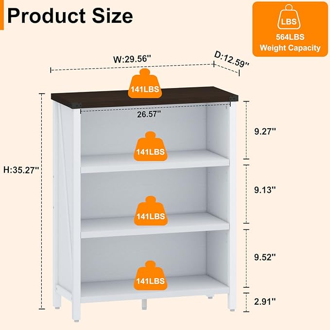 BON AUGURE Small Bookshelf for Small Space, 3 Tier Bookcase, Farmhouse Wood Low Book Case, Short Storage Book Shelf for Home Office, Living Room, Bedroom (White Oak and Walnut Brown)