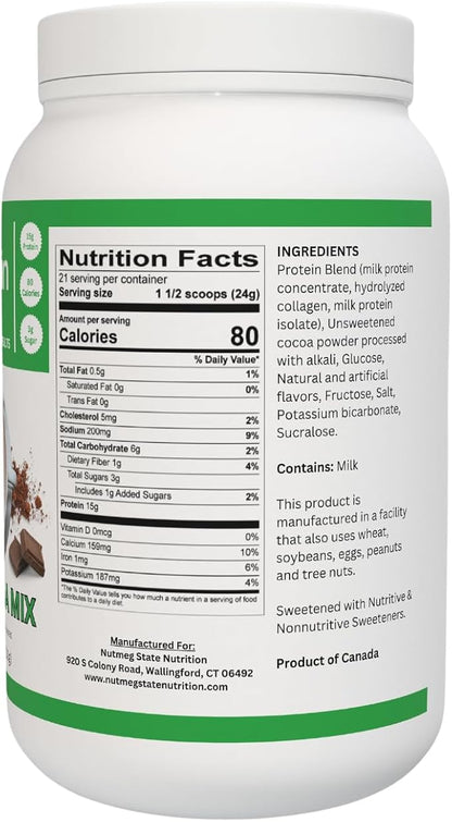 Nutmeg State Nutrition - High Protein Hot Cocoa Mix, Low Calorie Hot Chocolate Protein Drink, 15g Protein, 80 Calories, 3g Sugar, 21 Servings Per Canister, 17.6 Ounces