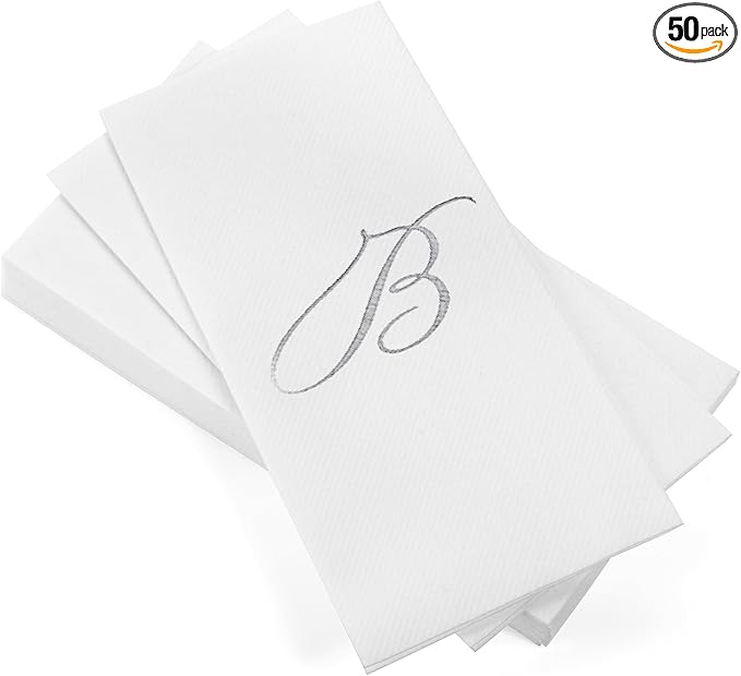 AH AMERICAN HOMESTEAD Disposable Hand Towels for Bathroom 50 Count - Guest Bathroom Essentials -Bathroom Paper Towels - Monogrammed Disposable Napkins - Wedding Napkins in Paper Towel Tray (Silver, B)
