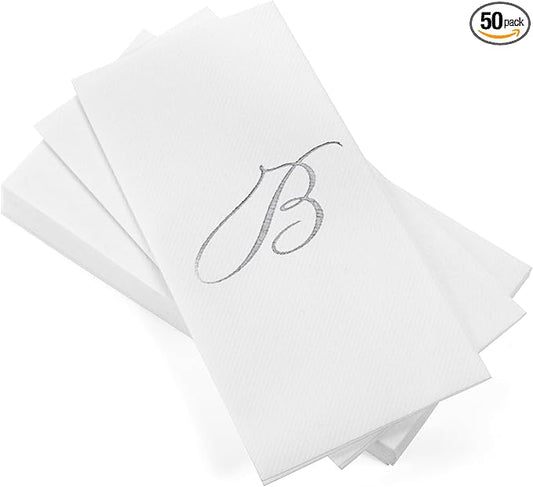AH AMERICAN HOMESTEAD Disposable Hand Towels for Bathroom 50 Count - Guest Bathroom Essentials -Bathroom Paper Towels - Monogrammed Disposable Napkins - Wedding Napkins in Paper Towel Tray (Silver, B)