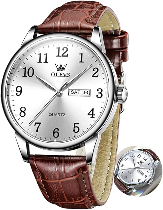 OLEVS Mens Watches Vintage Leather Band Dress Classic Easy Reader Arabic Numerals Analog Quartz Waterproof Date and Day Blue/Black/White Large Face Men's Wrist Watches