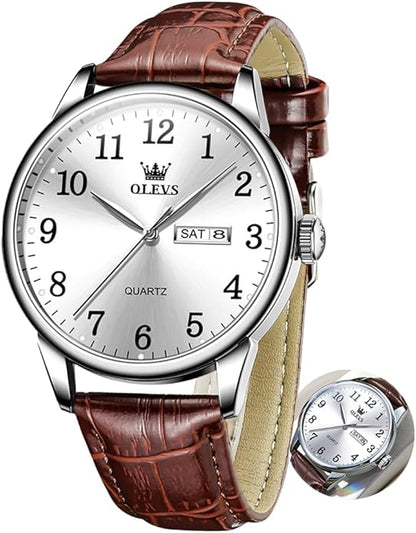 OLEVS Mens Watches Vintage Leather Band Dress Classic Easy Reader Arabic Numerals Analog Quartz Waterproof Date and Day Blue/Black/White Large Face Men's Wrist Watches