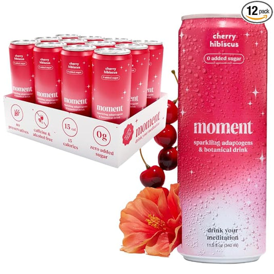Moment Mocktails Non Alcoholic Drinks (Shark Tank) | SPARKLING Cherry Hibiscus Adaptogen Drink | L-Theanine & Ashwagandha for Calm & Clarity | 0 Added Sugar 0 Caffeine | 12-pack