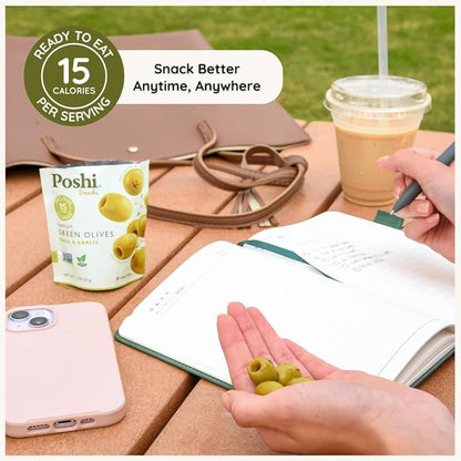 POSHI Green Pitted Olives - Basil & Garlic | Vegan, Kosher, Gluten Free + Keto Friendly, Fresh, Low Calorie Healthy Snacks | (30 Pack, 1.1oz Bags)