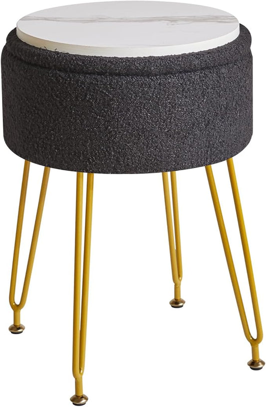 IBUYKE Teddy Velvet Storage Footrest Stool Ottoman, Makeup Vanity Stool Side Table with Removable Cover, Golden Steel Legs, Coffee Table Top Cover, Black WBD010B
