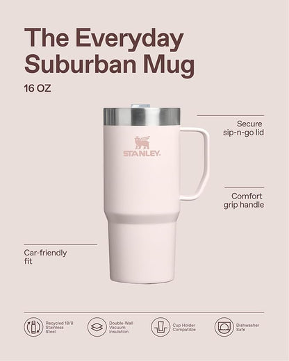 STANLEY The Everyday Suburban Mug | 16 oz | Drink Through Lid | Cup for Coffee, Tea and Drinks | Insulated Stainless Steel Coffee Mug | BPA-Free | Rose Quartz
