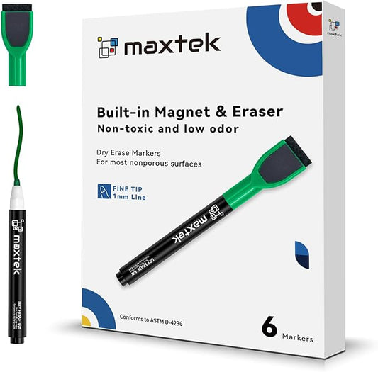 maxtek Dry Erase Markers - 6 Count Green Magnetic Dry Erase Markers Fine Tip with Eraser, Low Odor Whiteboard Markers for Calendar Boards