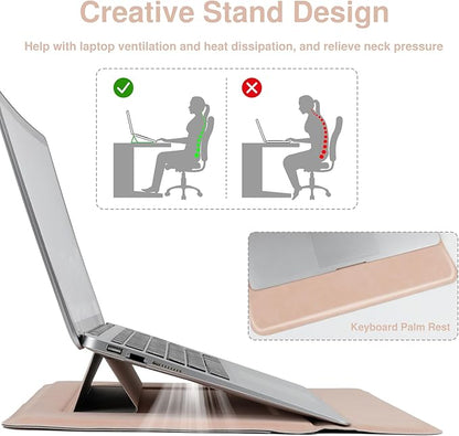 Allinside 13-14 Inch Laptop Sleeve Case for MacBook Pro 14" 2021-2024/MacBook Air 13" 2010-2017/MacBook Pro 13" 2010-2015, Waterproof PU Leather Sleeve Cover with Stand & Accessory Pouch, Pale Pink
