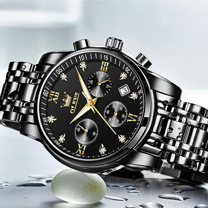 OLEVS Men's Stainless Steel Chronograph Watch, Big Face Gold Silver Black Tone Easy to Read Analog Quartz Watch, Luxury Waterproof Date Diamond Roman Arabic Numerals Dial Dress Watch for Men