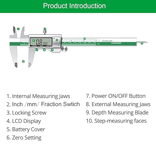 HDLNKAK Digital Vernier Caliper Measuring Tool with Large LCD Screen, Stainless Steel Vernier Caliper Digital Micrometer, Easy Switch from Inch Metric Fraction, 6 Inch Caliper Tool for Household/DIY