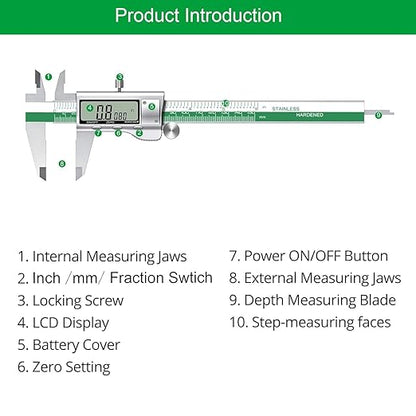 HDLNKAK Digital Vernier Caliper Measuring Tool with Large LCD Screen, Stainless Steel Vernier Caliper Digital Micrometer, Easy Switch from Inch Metric Fraction, 6 Inch Caliper Tool for Household/DIY