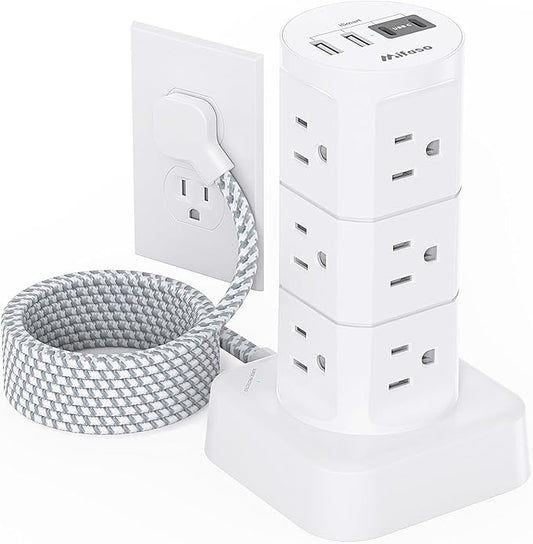 Surge Protector Power Strip Tower, 10FT Extension Cord with Multiple Outlets(12 AC Outlets), Surge Protector with USB Ports, Charging Station for Multiple Devices, Office Supplies, Dorm Essentials