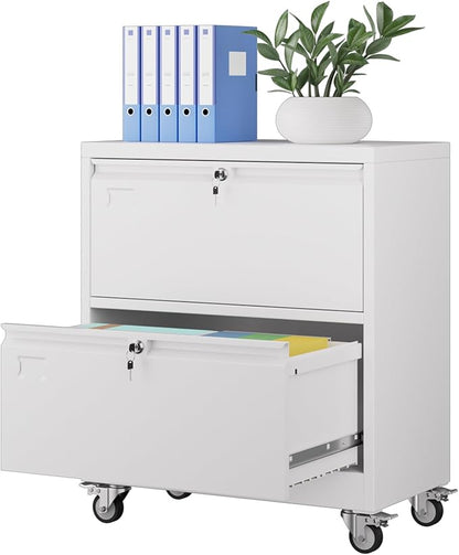 Aobabo 2 Drawer Lateral File Cabinet with Wheels, Lockable Metal Filing Cabinet for Home Office, Legal/Letter Size,White,Required Assembled,15.87" D x 28.94" W x 34" H