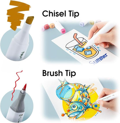 TRANSON Alcohol Markers for Drawing Coloring 48 Colors Dual-tip Chisel and Brush Tips