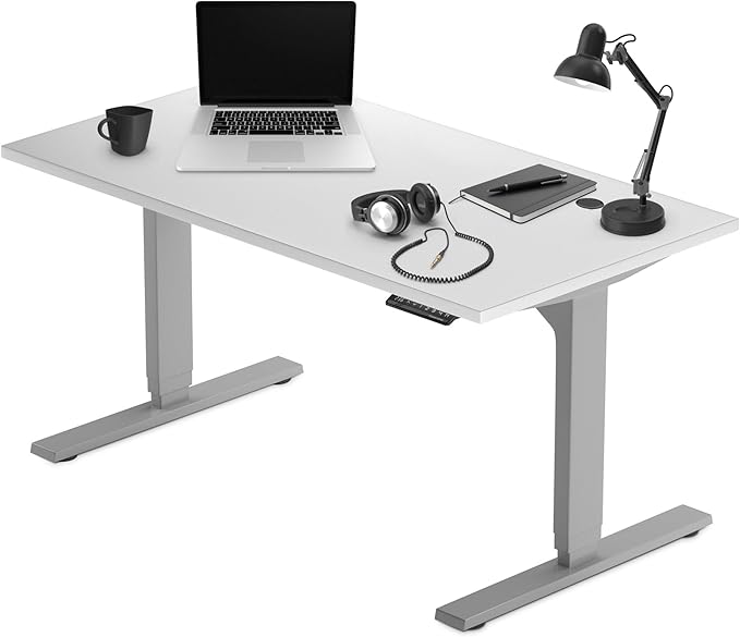 Progressive Desk Stand Up Height Adjustable Electric Standing Desk - 55" x 28" with Dual Motor, 3 Stages Sit Stand Table for Home Office - Warm White, Gray Frame