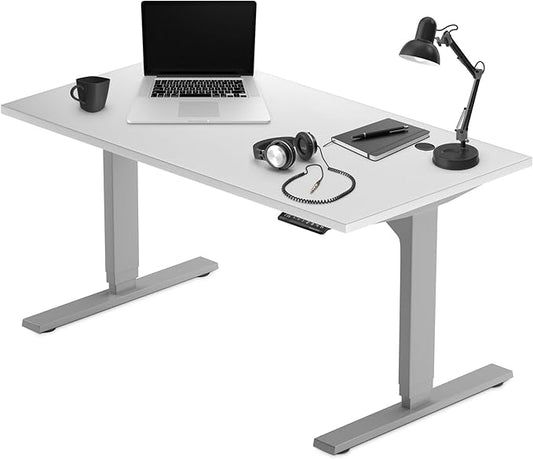 Progressive Desk Stand Up Height Adjustable Electric Standing Desk - 55" x 28" with Dual Motor, 3 Stages Sit Stand Table for Home Office - Warm White, Gray Frame