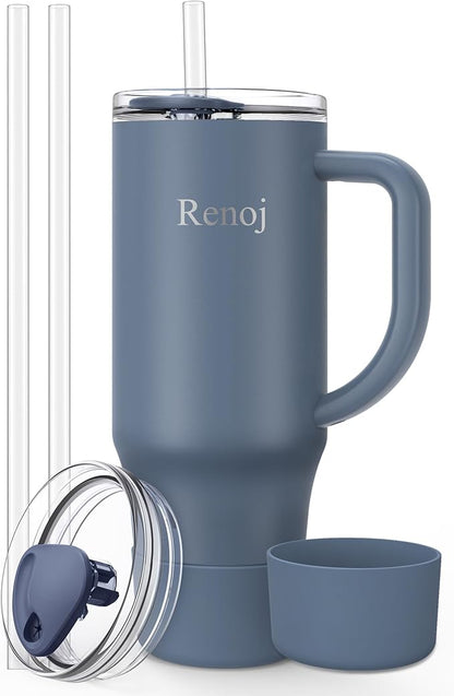 Renoj Tumbler with Handle 100% Spill Resistant Insulated Water Bottle for Iced Coffee & Hot Drinks - Fits Car Cup Holder, Ideal Gift, 2 Straws & Silicone Boot BPA-Free - FlexSlide Navy Blue 40 oz