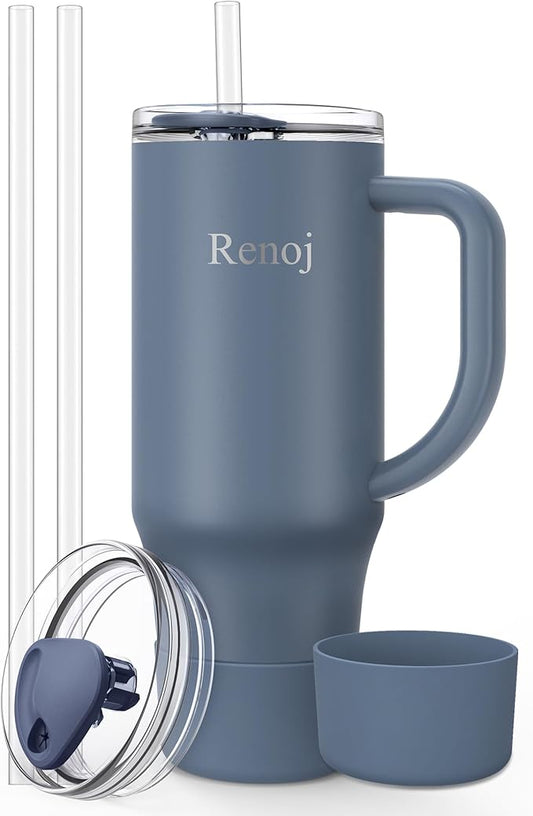 Renoj Tumbler with Handle 100% Spill Resistant Insulated Water Bottle for Iced Coffee & Hot Drinks - Fits Car Cup Holder, Ideal Gift, 2 Straws & Silicone Boot BPA-Free - FlexSlide Navy Blue 40 oz