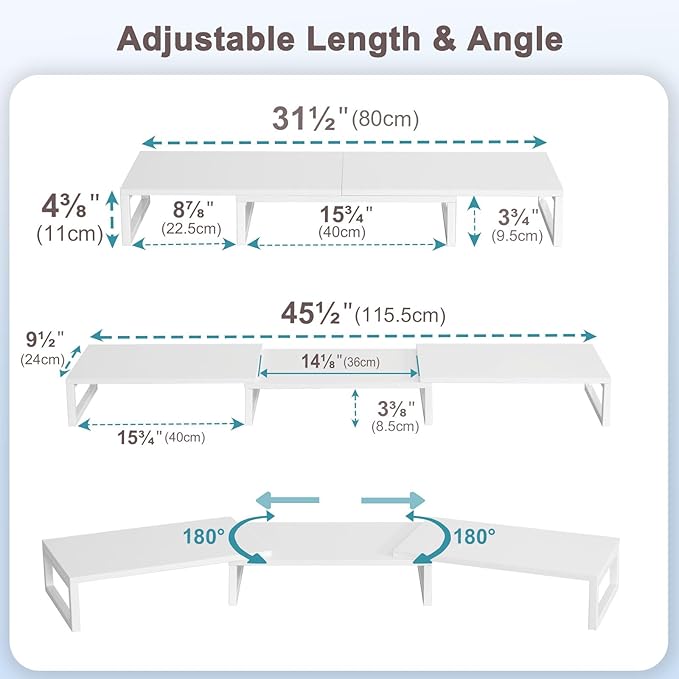 TEAMIX White Dual Monitor Stand Riser for 2 Monitors, Wood & Metal Stand Adjustable Length/Angle Shelf Triple Monitor Stand for Screens/PCs/Printers/Laptops Desktop Organizer
