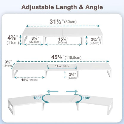 TEAMIX White Dual Monitor Stand Riser for 2 Monitors, Wood & Metal Stand Adjustable Length/Angle Shelf Triple Monitor Stand for Screens/PCs/Printers/Laptops Desktop Organizer