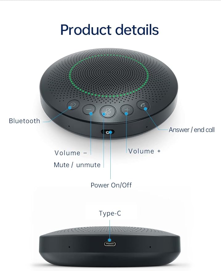 BluePod Conference Speakerphone, Bluetooth and USB Conference Microphone & Speaker, VoiceLoc and VoiceCap Function with 6 Omnidirectional Microphones, for Meeting Room or Home Office