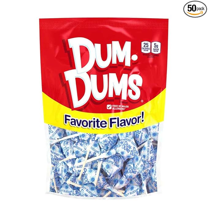 Dum Dums Blueberry Blast Lollipops - Bulk Candy Box with Lollipops Individually Wrapped, Single Flavor Gourmet Suckers - 50 Count