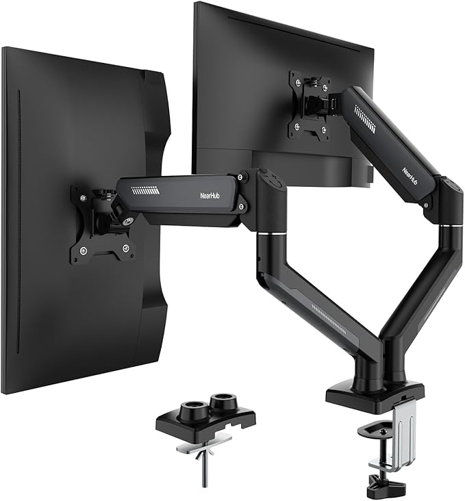 NearHub Dual Monitor Mount for Computer Screen 13-32" and Up to 22 lbs,360° Rotation,+90° to -45° Tilt,180° Swivel,with C Clamp and Grommet Base,Integrated Cable Management,75x75/100x100 VESA