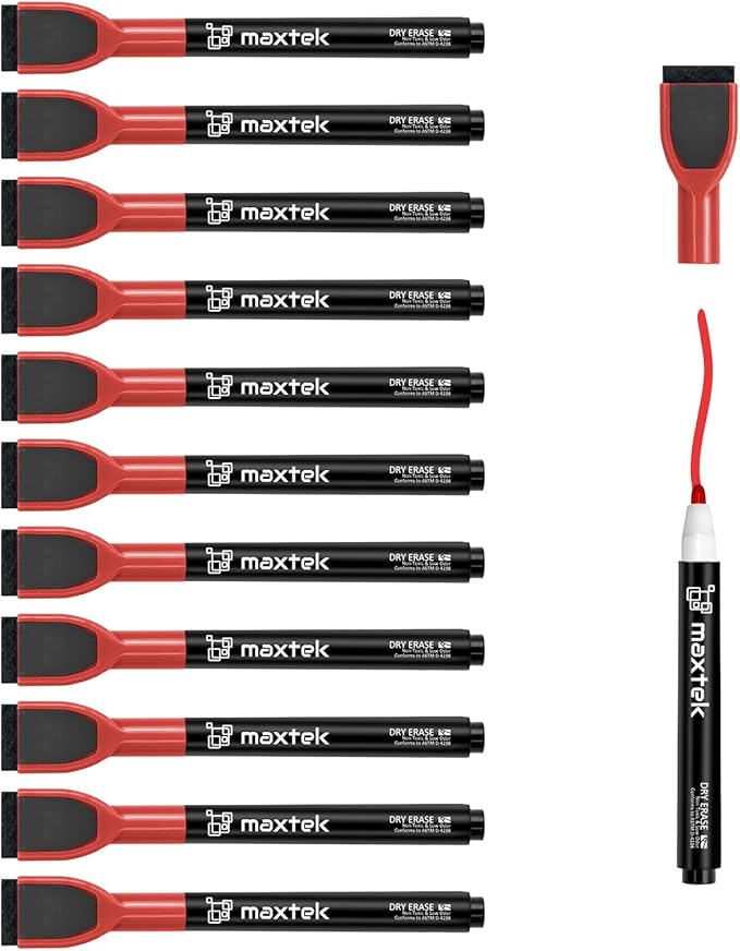 maxtek Magnetic Whiteboard Markers - 12 Count Red Fine Tip Dry Erase Markers with Eraser for Kids, Low Odor Thin Markers for Calendar Boards