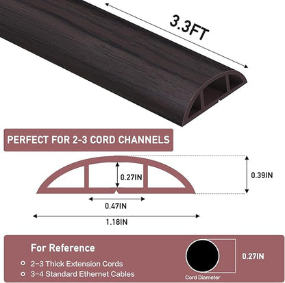 Floor Cord Cover Self Adhesive Cord Hider Floor Extension Cord Covers for Floor Power Cord Protector Cable Management Prevent Cable Trips Cable Cavity 0.47" W x 0.27" H (Dark Walnut, 3.3Ft)