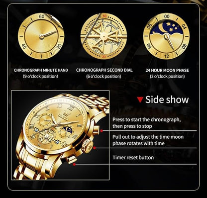 OLEVS Watches Men Waterproof Luxury Big Face Mens Watch Stainless Steel Quartz Analog Dress Watches for Men Luminous Multifunction Man Watch Relojes De Hombre