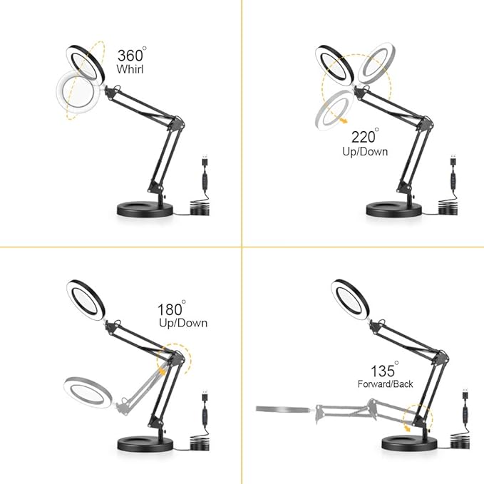 10X Magnifying Glass with Light and Stand, 2-in-1 Magnifier with Light, 5 Color Modes LED Desk Magnifying Glass, Hands Free for Craft Hobby Reading Painting Sewing Close Work