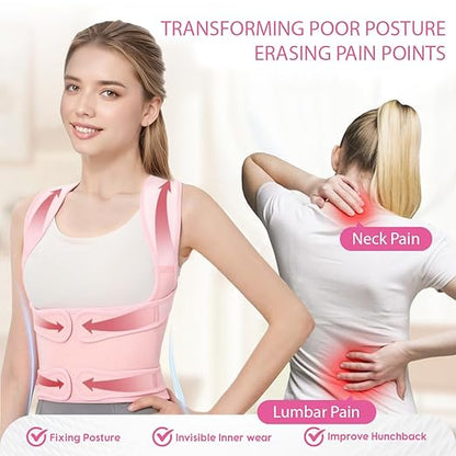 Posture Corrector for Women & Men, Adjustable Back Brace with Full Back & Shoulder Support, Spine Alignment for Upper Back Pain Relief, Scoliosis & Hunchback(Pink,Large)