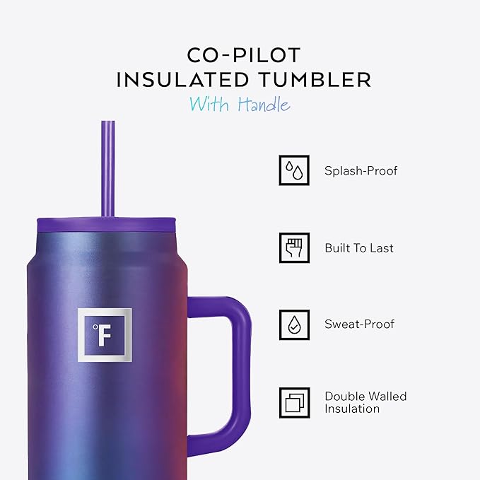 IRON °FLASK Co-Pilot Insulated Mug w/Straw & Flip Cap Lids - Cup Holder Bottle for Hot, Cold Drink - Leak-Proof - Water, Coffee Portable Travel Mug - Black, 50 Oz
