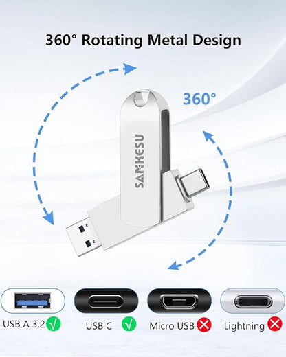 1TB USB C Flash Drive 3.1,Up to 500MB/s Read Speed, USB A and Type C OTG Thumb Drive, Dual Memory Sticks Compatible with Android Phones/PC/Laptop/Macs(Silver)