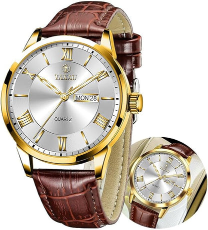 Men's Watch Big Face Easy Read Arabic Numeral Dress Watches for Men Classic Black Brown Leather Band Analog Mens Wrist Watch with Day and Date Fashion Business Waterproof Luminous Quartz Watch