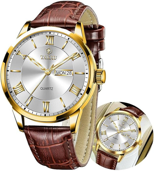 Men's Watch Big Face Easy Read Arabic Numeral Dress Watches for Men Classic Black Brown Leather Band Analog Mens Wrist Watch with Day and Date Fashion Business Waterproof Luminous Quartz Watch