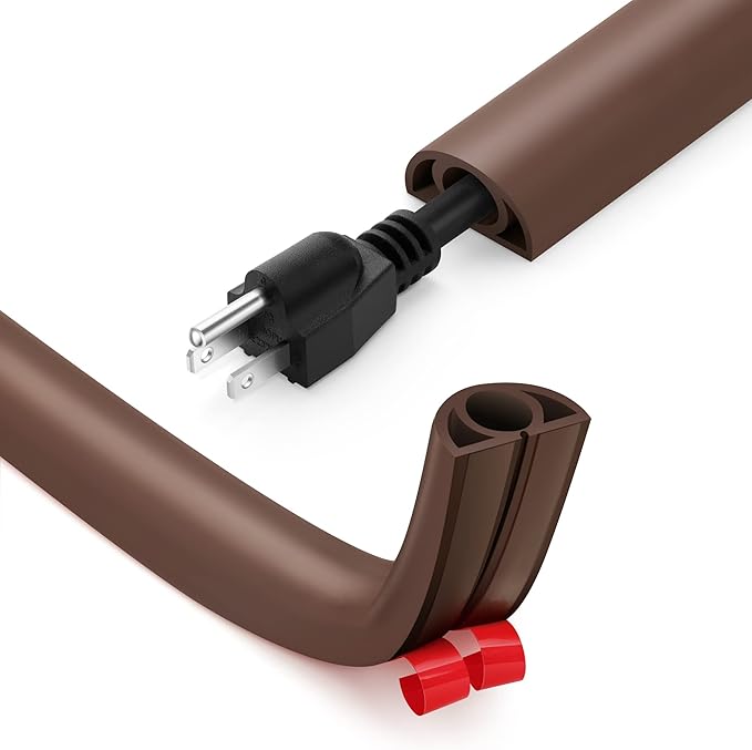 5ft Cord Cover Floor for Extension Cords, Self-Adhesive Floor Cable Cover to Protect Cables & Prevent Tripping, PVC Cord Hider Protector, Internal Wire Management Channel Diameter: 0.39",Brown