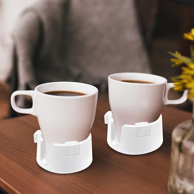 Anti Spill Cup Holder - Adjustable Plastic Drink Holder - Adhesive Desk Cup Holder for Home Office Couch Table - White