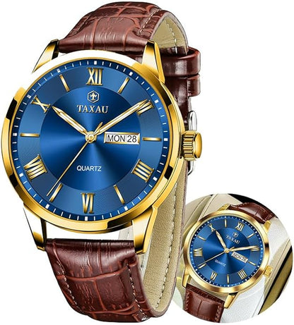 Men's Watch Big Face Easy Read Arabic Numeral Dress Watches for Men Classic Black Brown Leather Band Analog Mens Wrist Watch with Day and Date Fashion Business Waterproof Luminous Quartz Watch