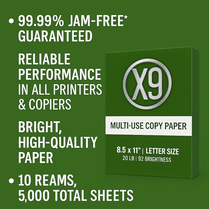 8.5 x 11 Copy Paper, 10 Reams (5000 Sheets), 20 lb White Printer & Copier Paper, 92 Brightness Multi-Use Letter Size - X-9 Series - Paper for Home, Office & School Printing