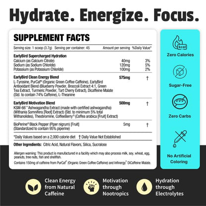 EarlyBird Energy Drink Powder - Morning Cocktail Blue Razz Chiller - Zero Sugar Electrolytes with Amino Acids - Electrolytes Powder & Caffeine Drink Mix for Morning Energy, Focus & Hydration - 45 Servings