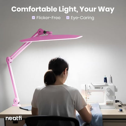 Neatfi XL LED Desk Lamp with Clamp, 2200 Lumens, 20W, 20-Inch Wide Head, Dimmable 4 Brightness Levels, 3 Color Modes 3000K–6000K, Task Light for Home Office, Crafts, Workbench (CCT, Pink)