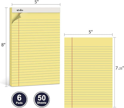 ViVin 5 x 8 Inch Legal Pads, 6 Pack, Narrow Ruled, 50 Sheets Per Writing Pad, Perforated Note Pads Ideal for Home, Office, Business, 300 Sheets, Canary Yellow Paper