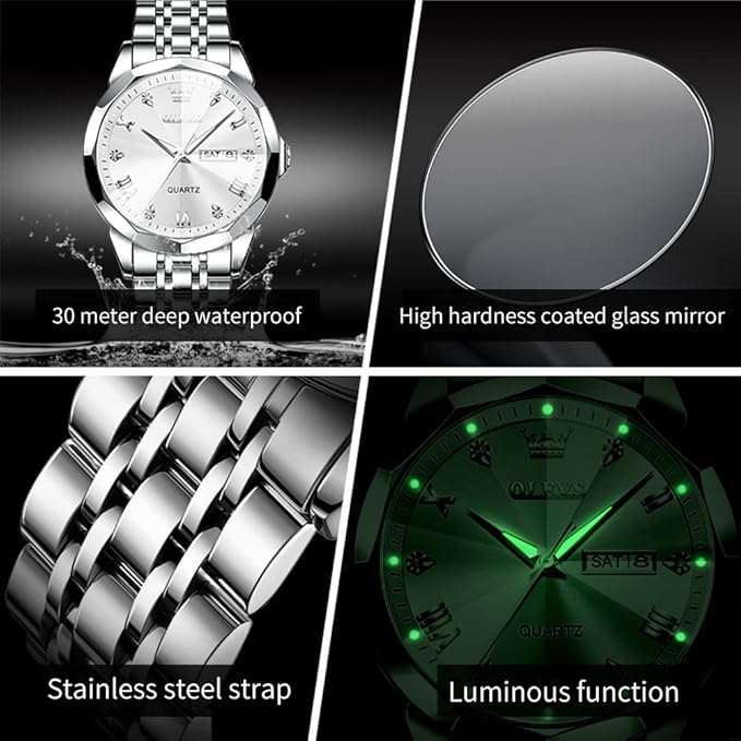 OLEVS Watches for Men Diamond Business Dress Analog Quartz Stainless Steel Date Luxury Casual Fashion Wrist Watch Waterproof Luminous