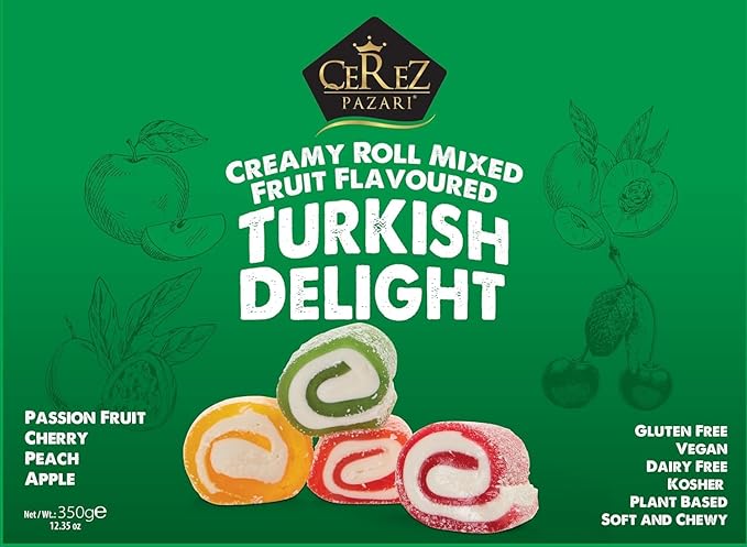 Cerez Pazari Turkish Delight Candy, Creamy Roll Mixed Fruit Flavored Vegan Gifts, Gourmet Snacks Gift Box | Gluten-Free Vegan Candy, Plant Based Snacks, Traditional Gourmet Dessert, 12 oz.