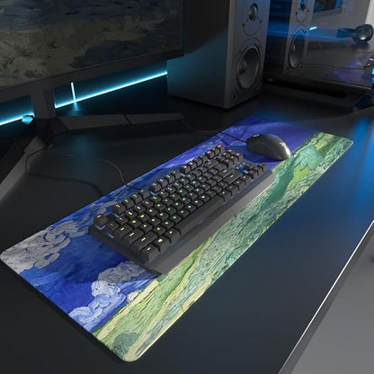 XL Van Gogh Mouse Pad, Large Oil Painting Field Gaming Mouse Mat, 31.5" x 11.8" Desk Mat with Non-Slip Base and Stitched Edge for Home Office Gamer