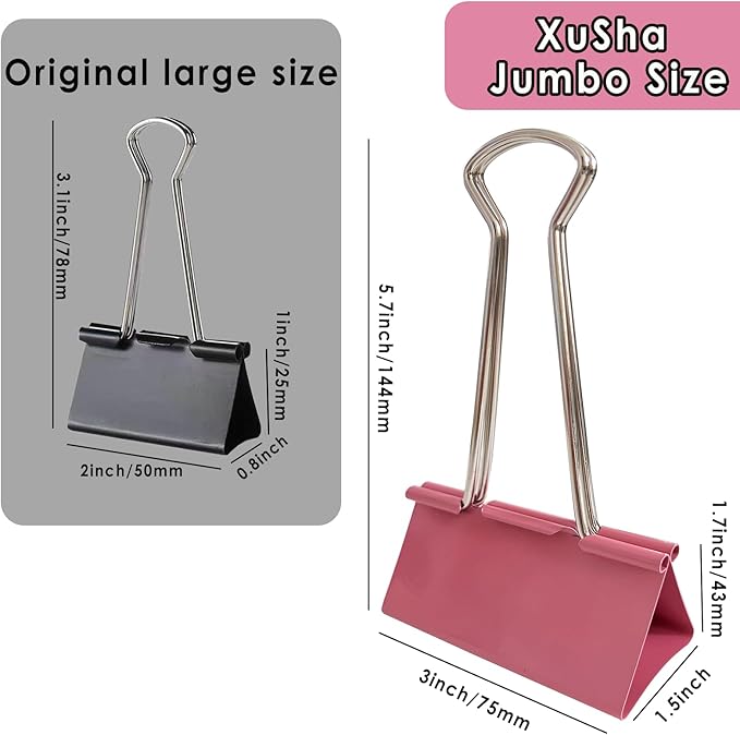 18PCS Jumbo Binder Clips 3 Inch, Pink, Binder Clips Extra Large Heavy Duty for Office Supplies