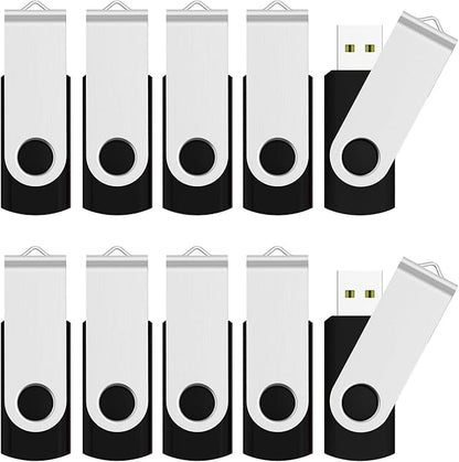 JUANWE 4GB USB Flash Drive 10 Packs，Bulk Thumb Drives Jump Drive with 360°Swivel Shell, Fold Storage USB Stick with Lanyard Hole Portable Pen Drive Mutipack Zip Drive, Black