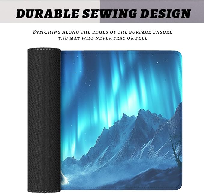 Howling Wolf Desk Pad Mouse Pad Northern Lights Full Moon Aurora Large Gaming Mouse Mat with Stitched Edges,Non-Slip Waterproof Rubber Base Mous Mat 31.5"x11.8"